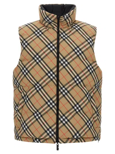 Burberry Beige Sleeveless Reversible Down Jacket With High Neck And All-over Check Motif In Tech Fabric Man In Neutral