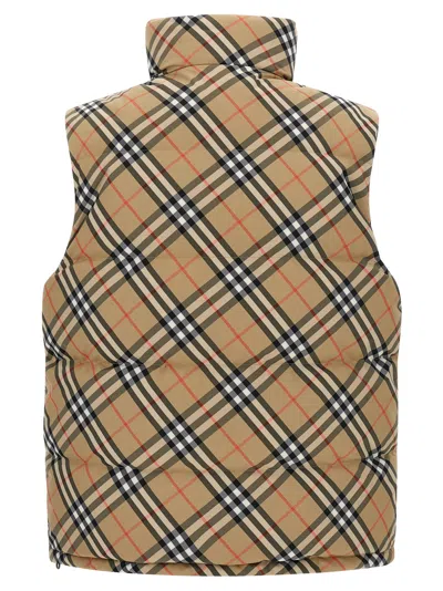 Burberry Beige Sleeveless Reversible Down Jacket With High Neck And All-over Check Motif In Tech Fabric Man In Neutral