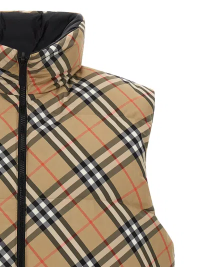 Burberry Beige Sleeveless Reversible Down Jacket With High Neck And All-over Check Motif In Tech Fabric Man In Neutral