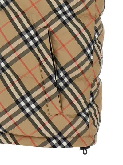 Burberry Beige Sleeveless Reversible Down Jacket With High Neck And All-over Check Motif In Tech Fabric Man In Neutral