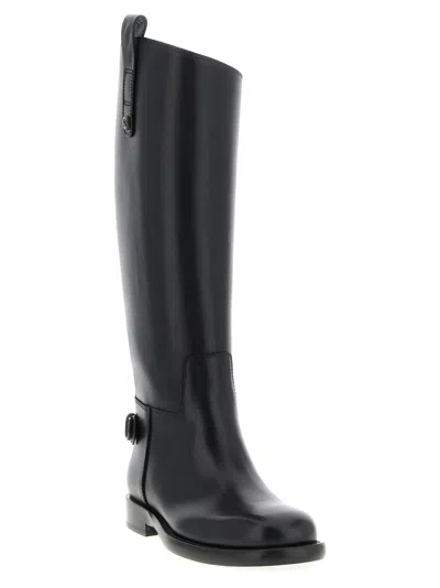 Burberry Women Black Boots With Side Logo Plaque In Leather Woman In Black