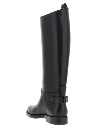 Burberry Women Black Boots With Side Logo Plaque In Leather Woman In Black