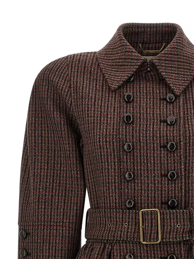 Chloé Grey/red Double-breasted Coat In Houndstooth Wool In Brown