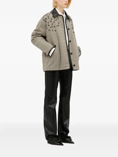Msgm Check-pattern Collared Coat In Neutral