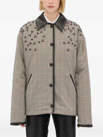 Msgm Check-pattern Collared Coat In Neutral
