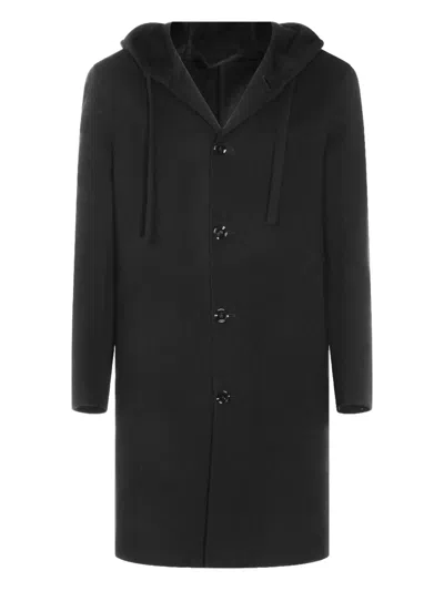 Lardini Hooded Button-down Coat In Black