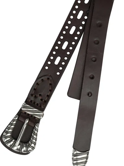 Etro Leather Belt With Perforated Details Belts Brown In Black