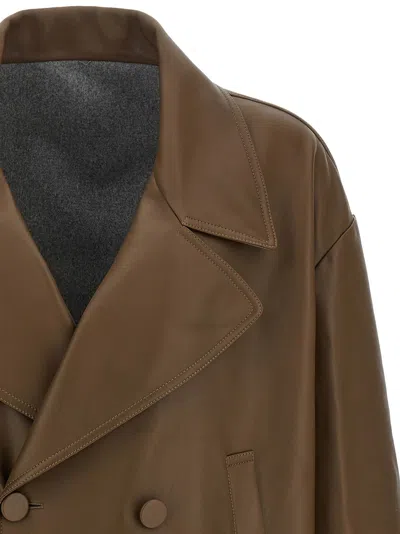 Fendi Double-breasted Leather Coat Coats And Trench Coats Brown In Animal Print