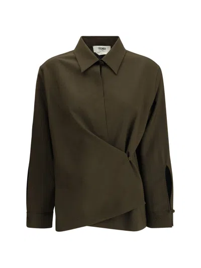 Fendi Women Green Shirt With Asymmetric Side Closure And Cut-out Detail On The Front In Wool Woman In Burgundy