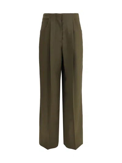 Fendi Women Green Pants With Front Pences And Wide Leg In Wool Woman In Brown