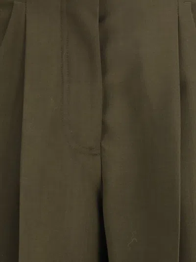 Fendi Women Green Pants With Front Pences And Wide Leg In Wool Woman In Brown