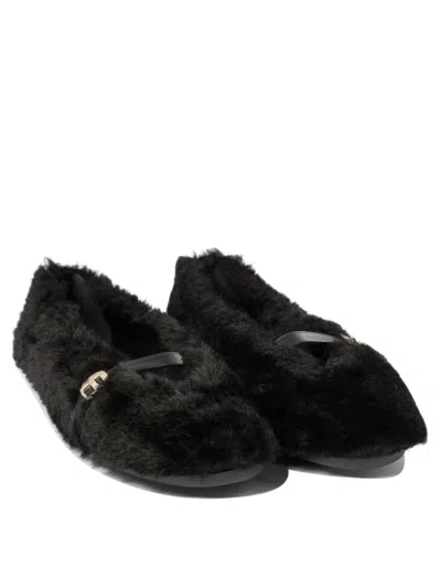 Ferragamo Black Ballerinas With Shearling Design And Buckle In Leather Woman In Animal Print
