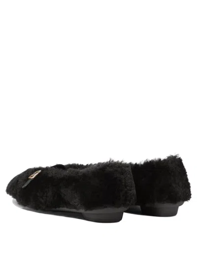 Ferragamo Black Ballerinas With Shearling Design And Buckle In Leather Woman In Animal Print
