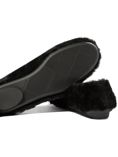 Ferragamo Black Ballerinas With Shearling Design And Buckle In Leather Woman In Animal Print