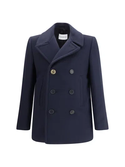 Givenchy Blue Coat With Wide Lapels And Logoed Buttons In Wool Man In Blue