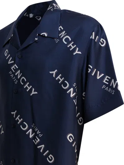 Givenchy Convertible-collar Logo-print Silk-twill Shirt In Blue