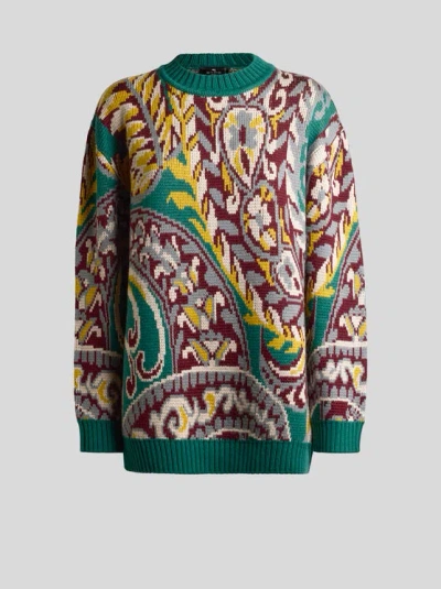 Etro Patterned Jacquard Wool Sweater With Dropped Shoulders In Green