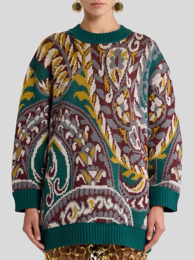 Etro Patterned Jacquard Wool Sweater With Dropped Shoulders In Green