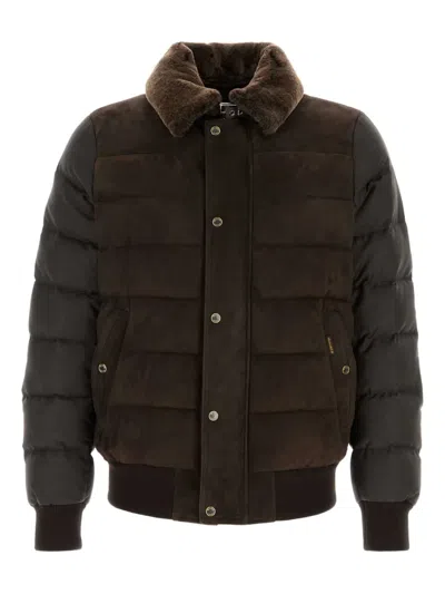 Moorer Viani Suede Padded Jacket With Shearling Collar In Brown