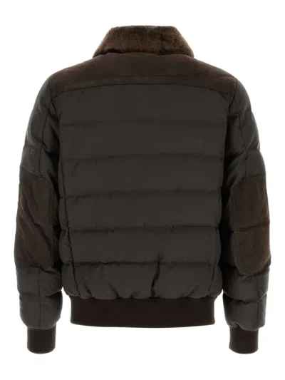 Moorer Viani Suede Padded Jacket With Shearling Collar In Brown