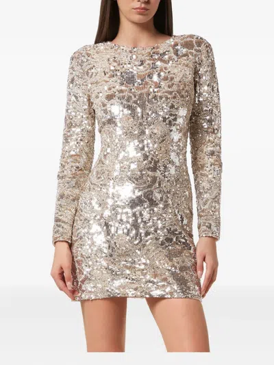 Philipp Plein Embroidered Long-sleeved Mini Dress Crystal Skull In Neutral