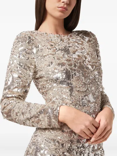 Philipp Plein Embroidered Long-sleeved Mini Dress Crystal Skull In Neutral