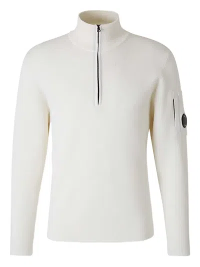 C.p. Company Half-zip Sweater With Ribbed Details And Logo Pocket In White