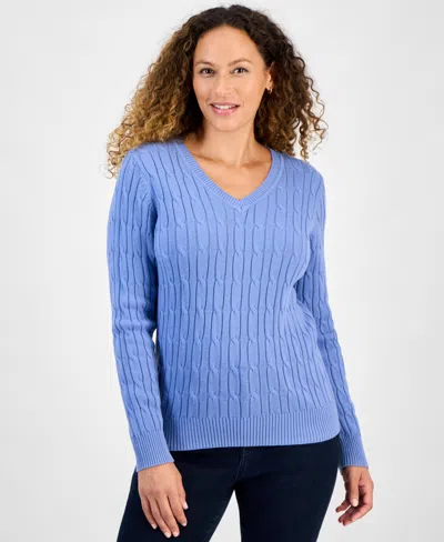 Style & Co Petite Cotton Cable-knit Crewneck Sweater, Created For Macy's In Blue