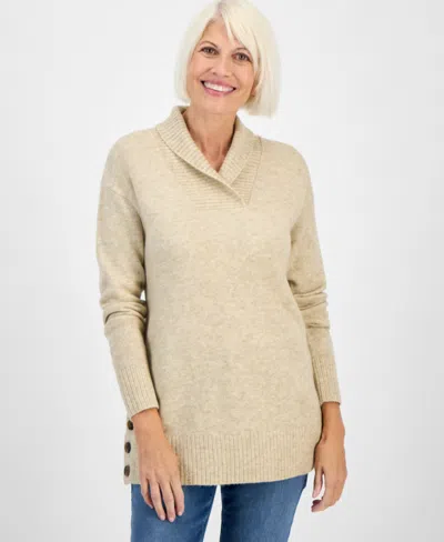 Style & Co Petite Shawl-collar Button-trim Tunic Sweater, Created For Macy's In Neutral