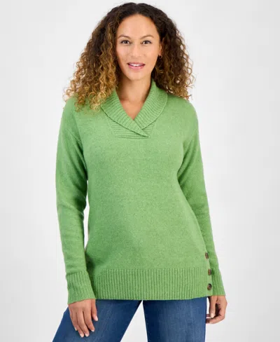 Style & Co Petite Shawl-collar Button-trim Tunic Sweater, Created For Macy's In Green