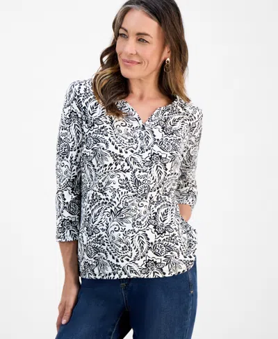 Style & Co Petite Paisley-print Henley Top, Macy's Exclusive In Black