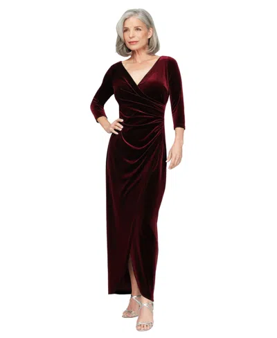 Alex Evenings Pleated Long Sleeve Velvet Gown In Burgundy