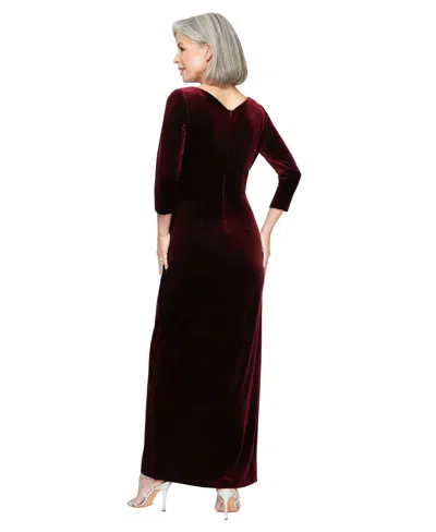 Alex Evenings Pleated Long Sleeve Velvet Gown In Burgundy