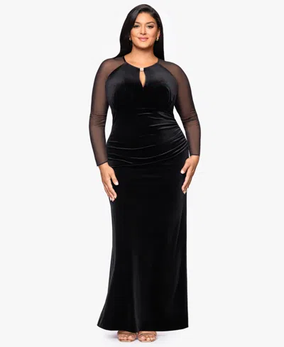 B & A By Betsy And Adam Plus Size Velvet Mesh Ballgown In Black
