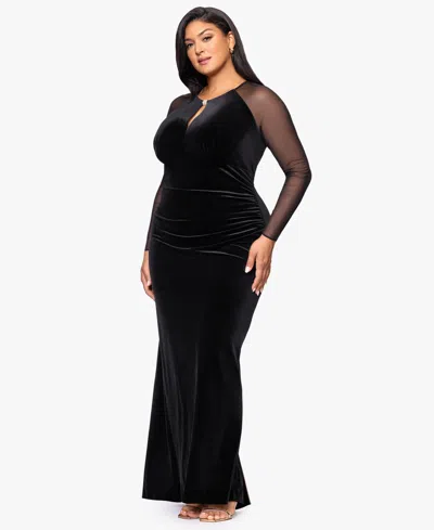B & A By Betsy And Adam Plus Size Velvet Mesh Ballgown In Black