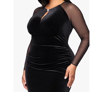 B & A By Betsy And Adam Plus Size Velvet Mesh Ballgown In Black