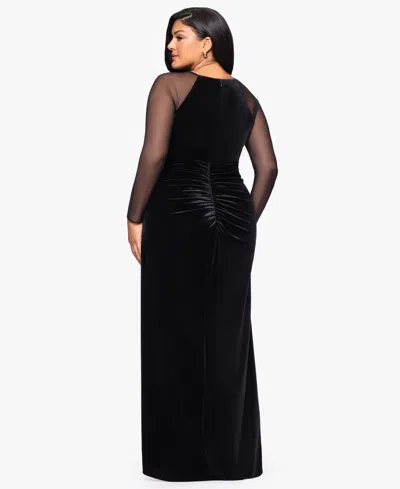B & A By Betsy And Adam Plus Size Velvet Mesh Ballgown In Black