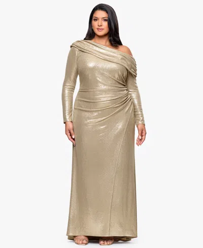 Betsy & Adam Plus Size Asymmetrical Neck Ballgown In Gold