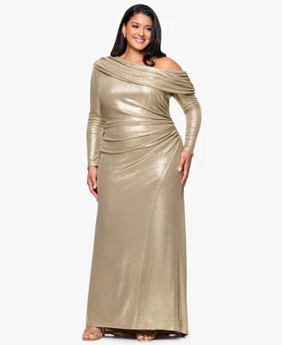 Betsy & Adam Plus Size Asymmetrical Neck Ballgown In Gold