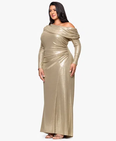 Betsy & Adam Plus Size Asymmetrical Neck Ballgown In Gold
