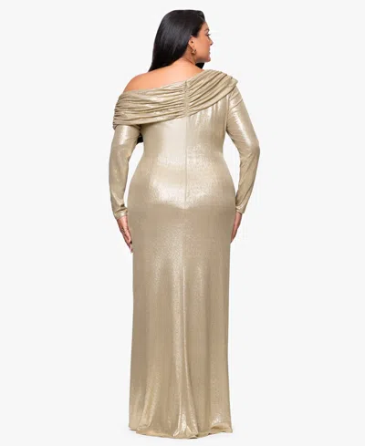 Betsy & Adam Plus Size Asymmetrical Neck Ballgown In Gold