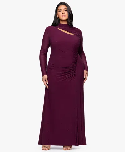 Betsy & Adam Plus Size Long-sleeve Asymmetrical Neck Ballgown In Purple
