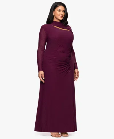 Betsy & Adam Plus Size Long-sleeve Asymmetrical Neck Ballgown In Purple