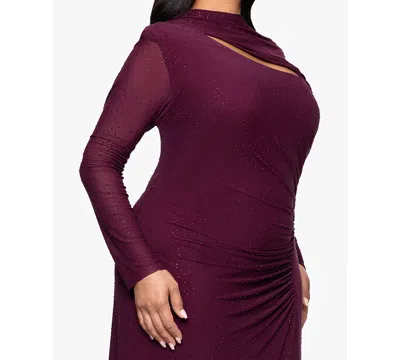 Betsy & Adam Plus Size Long-sleeve Asymmetrical Neck Ballgown In Purple