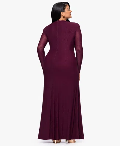 Betsy & Adam Plus Size Long-sleeve Asymmetrical Neck Ballgown In Purple
