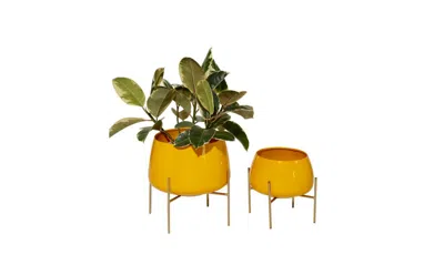 Rosemary Lane Metal Contemporary Planters With Stand, Set Of 2 In Yellow