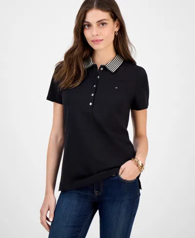Tommy Hilfiger Women's Metallic Striped-collar Polo Shirt In Black