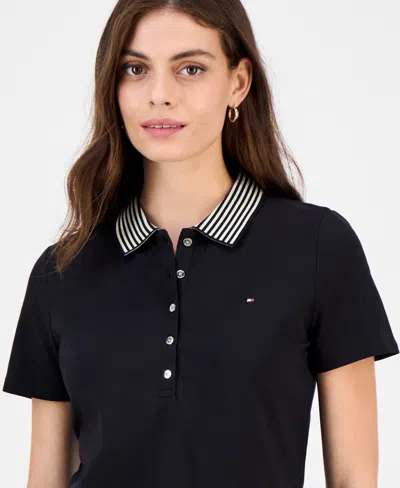 Tommy Hilfiger Women's Metallic Striped-collar Polo Shirt In Black