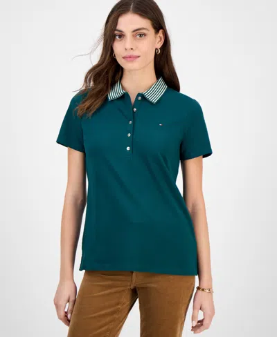 Tommy Hilfiger Women's Metallic Striped-collar Polo Shirt In Green