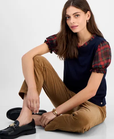 Tommy Hilfiger Women's Mixed-media Plaid Puff-sleeve Top In Blue